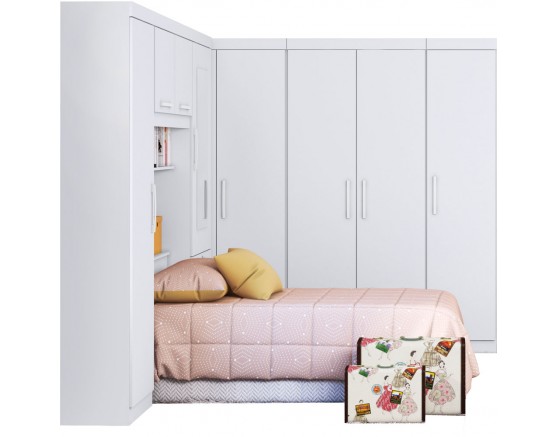 Quarto De Solteiro Modulado Duster 4 Peças Branco-Branco Brilho Moveis Albatróz