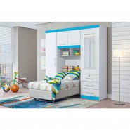 Quarto Modulado De Solteiro Duster Completo 2 Peças Branco/Azul Brilho Móveis Albatróz