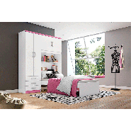 Guarda-Roupa Cravo 4 Portas Com Cama De Solteiro Branco/Branco/Rosa Chá Henn