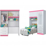 Guarda-Roupa De Solteiro Modulado Duster 3 Portas 3 Gavetas Branco/Rosa Brilho Móveis Albatróz