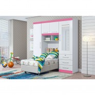 Quarto Modulado De Solteiro Duster Completo 2 Peças Branco/Rosa Brilho Móveis Albatróz