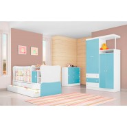 Jogo De Quarto Infantil Doce Magia Com Berço Cama 280 Branco/Branco/Azul Qmovi