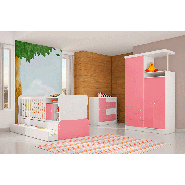 Jogo De Quarto Infantil Doce Magia Com Berço 280 e Cama Auxiliar Branco-Branco-Rosa Qmovi