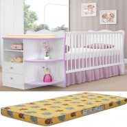 Kit Colchão Aconchego D18 BD 10CM Com Berço 101 Com Cantoneira Branco-Lilás Qmovi