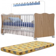 Kit Colchão Aconchego D18 BD 10CM Com Berço 102 Com Rodízios Branco-Carvalho Qmovi