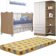 Kit Colchão Aconchego D18 BD 10CM Com Quarto Roupeiro 105 Berço 102 Branco-Carvalho Qmovi