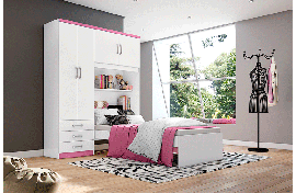 Guarda-Roupa Cravo 4 Portas 3 Gavetas Com Cama Branco-Branco-Rosa Chá Henn