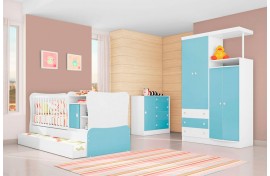 Jogo De Quarto Infantil Doce Magia Com Berço 280 e Cama Auxiliar Branco-Branco-Azul Qmovi