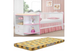 Kit Colchão Aconchego D18 BD 10CM Com Berço 101 Com Cantoneira Branco-Rosa Qmovi