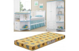 Kit Colchão Aconchego D18 BD 10CM Com Quarto Roupeiro 105 Berço 101 Branco-Azul Qmovi