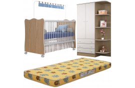 Kit Colchão Aconchego D18 BD 10CM Com Quarto Roupeiro 105 Berço 102 Branco-Carvalho Qmovi